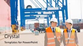  Presentation with ship shipping - Slide deck enhanced with ship engineering - engineers conversing while walking background and a  colored foreground