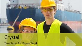  Presentation with entrepreneurial - Colorful presentation theme enhanced with ship engineering - male and female entrepreneurial engineers backdrop and a gold colored foreground