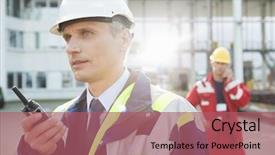  Presentation with walkie talkie - Presentation theme with ship engineering - male worker using walkie-talkie background and a coral colored foreground