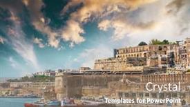  Presentation with ocean ship - Presentation design having industrial ships mediterranean sea - ship in the ocean bay background and a coral colored foreground