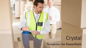  Presentation with driver - Amazing PPT layouts having clipboard in a large warehouse backdrop and a coral colored foreground