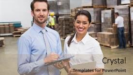  Presentation with working together - Presentation theme enhanced with smiling warehouse managers working together background and a light blue colored foreground
