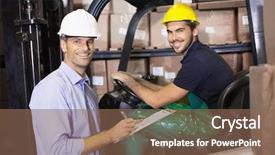  Presentation with forklift - Audience pleasing PPT layouts consisting of warehouse manager talking with forklift driver in a large warehouse backdrop and a violet colored foreground