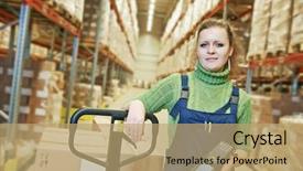  Presentation with scanner - Presentation enhanced with e logistics - worker in warehouse with bar background and a coral colored foreground