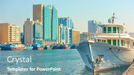  Presentation with uae - PPT theme with ship-on-dubai-creek background and a teal colored foreground