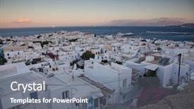  Presentation with cyclades - Slides with ship windmill - beautiful twilight over mykonos town background and a gray colored foreground