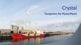  Presentation with wind energy - PPT layouts having ship windmill - red cargo boat in harbor background and a light blue colored foreground