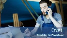  Presentation with smartphone - Cool new slide set with shipbuiding - young engineer in workwear talking backdrop and a ocean colored foreground