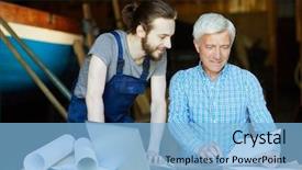  Presentation with reading - Presentation design with shipbuilding - two contemporary engineers reading document background and a light blue colored foreground