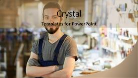  Presentation with woodworking - Slide set with shipbuilding - young cross-armed woodworking master looking background and a coral colored foreground