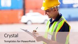  Presentation with shipping - Slides consisting of shipping containers - smiling senior worker working background and a lemonade colored foreground