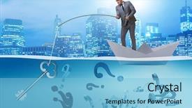  Presentation with fishing boat - Cool new PPT theme with businessman fishing questions from paper backdrop and a light blue colored foreground