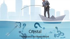  Presentation with fishing boat - Slide set with businessman fishing questions from paper background and a light blue colored foreground