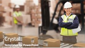  Presentation with logistics warehouse - Audience pleasing theme consisting of shipping lines logistics - worker wearing hard hat backdrop and a coral colored foreground