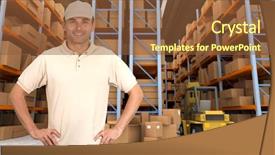  Presentation with distribution - PPT layouts with delivering shipping logistics forklift - deliveryman carrying a parcel background and a tawny brown colored foreground