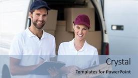  Presentation with holding people in hands - Amazing slide deck having shipping receiving - portrait of delivery people are backdrop and a light blue colored foreground