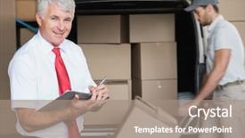  Presentation with warehouse - PPT theme enhanced with shipping receiving - warehouse manager smiling at camera background and a  colored foreground