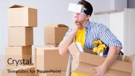  Presentation with elegant man in glasses optics - Beautiful slide deck featuring ships innovations - young man wearing vr glasses backdrop and a coral colored foreground