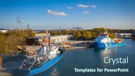  Presentation with sea port - Slide deck having ships-moored-in-the-new background and a ocean colored foreground