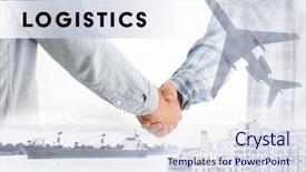 Presentation with shaking hands - Amazing slide set having ships planes - logistics concept double exposure men backdrop and a sky blue colored foreground