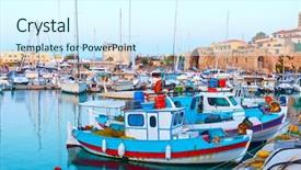  Presentation with shipyard - Audience pleasing theme consisting of shipyard - old fishing boats backdrop and a cool aqua colored foreground