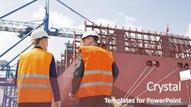  Presentation with shipyard - Amazing PPT theme having shipyard - rear view of workers talking backdrop and a red colored foreground
