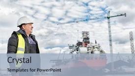  Presentation with port industry - PPT theme having shipyard - shipbuilding engineer stands background and a light blue colored foreground