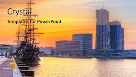  Presentation with sunset coast of the sea - PPT layouts consisting of shipyard - sunset in gdynia city background and a yellow colored foreground