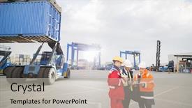  Presentation with shipping - Cool new PPT theme with shipyard - workers discussing in shipping yard backdrop and a light gray colored foreground