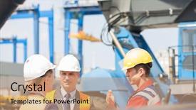  Presentation with shipyard - PPT layouts enhanced with shipyard - workers discussing in shipping yard background and a coral colored foreground