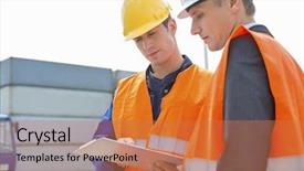  Presentation with intentional freight forwarding shipping - Slides with shipyard - workers discussing over clipboard background and a coral colored foreground