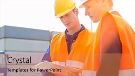  Presentation with shipping bulk - Amazing slide deck having shipyard - workers discussing over clipboard backdrop and a gold colored foreground