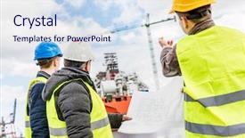  Presentation with industry safety - Amazing PPT theme having shipyard all men wearing safety backdrop and a sky blue colored foreground