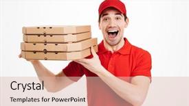  Presentation with pizza delivery - Amazing slide deck having shirt and cap holding stack backdrop and a lemonade colored foreground