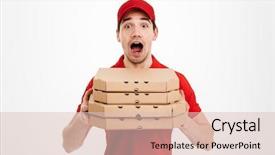  Presentation with pizza delivery - Cool new PPT layouts with shirt and cap holding stack backdrop and a lemonade colored foreground