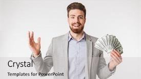  Presentation with portrait of excited overjoyed female - PPT layouts consisting of shirt and jacket holding money background and a light gray colored foreground