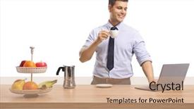  Presentation with tie - Cool new PPT layouts with shirt and tie drinking espresso backdrop and a coral colored foreground