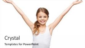  Presentation with girl design - PPT theme having shirt design happiness freedom future concept - smiling teenage girl in blank white shirt with raised hands background and a white colored foreground