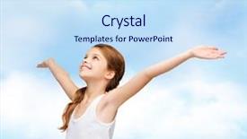  Presentation with girl design - Cool new PPT theme with shirt design happiness freedom future concept - smiling teenage girl in blank white shirt with raised hands backdrop and a sky blue colored foreground