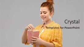  Presentation with container fast food packaging - PPT theme featuring shirt eating popcorn from stripe background and a  colored foreground