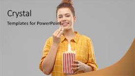  Presentation with container fast food packaging - Theme having shirt eating popcorn from stripe background and a  colored foreground