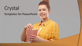  Presentation with fast food - Slide set having shirt eating popcorn from stripe background and a light gray colored foreground