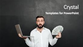  Presentation with hands holding - Audience pleasing PPT theme consisting of shirt holding fan of money backdrop and a gray colored foreground