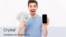  Presentation with cell wall - Audience pleasing slides consisting of shirt holding lots of money backdrop and a light blue colored foreground