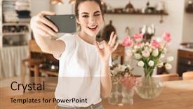  Presentation with student - Presentation theme consisting of shirt indoors posing showing okay background and a coral colored foreground