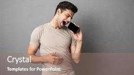  Presentation with man holding phone - PPT theme consisting of shirt isolated over gray backgound background and a coral colored foreground