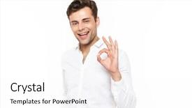  Presentation with cheerful - Cool new PPT theme with shirt isolated over white backgound backdrop and a  colored foreground