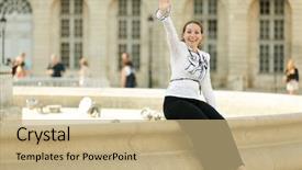  Presentation with business hello - Colorful theme enhanced with shirt pant - business woman sitting on big backdrop and a  colored foreground