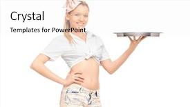  Presentation with worried young female college student - Audience pleasing presentation theme consisting of shirt pant - young female waitress holding backdrop and a  colored foreground