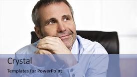  Presentation with manager thinking - Slide set consisting of shirt sitting in office lookin background and a light blue colored foreground